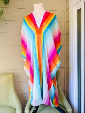 TRINA TURK Rainbow Stripe V-Neck Caftan Dress in Silk Crepe de Chine